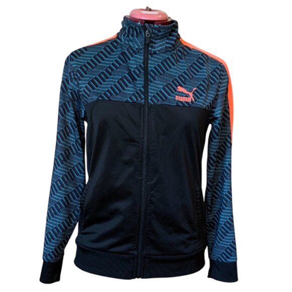 PUMA Kids Track Jacket Size Large 14-16 Black Teal Orange Logo Pattern Full Zip - Picture 1 of 10